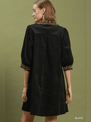 Umgee V-Neck Shift Dress with Contrast Leopard Trim V-Neck Puff Sleeve Dress Med