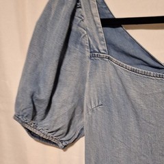 She + Sky Sz M Blue Tencel Denim Tiered Dress Square Neck Puff Sleeve Tie Back