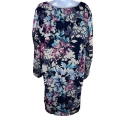 Three Eighty Two NEW Floral Multicolor Metallic Kate V Neck Mini Dress Sheer Lrg