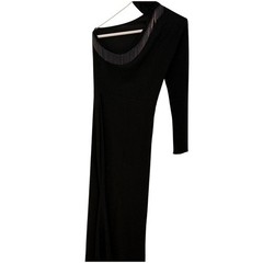 Black One Shoulder Maxi Dress Long Sleeve Beaded Fringe Neckline Formal Gown
