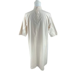 METAMORPHOZA Asymmetrical Drape High Neck Tunic Dress Beige Short Sleeve Pocket
