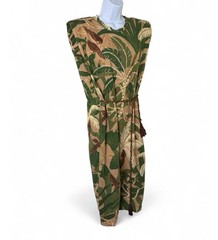 FARM Rio Tropical Isla Padded Shoulder Midi Dress Size L Beige Green Palm Leaf