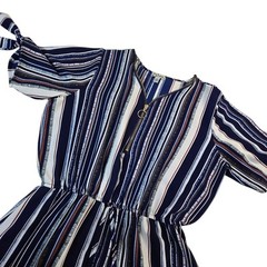 J For Justify Dress Short Elastic Waist Blue STRIPED Zip Tassels Size Large