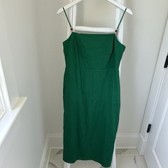 Rachel Zoe Green Solid Square Neck Smocked Lined Slip Midi Dress M