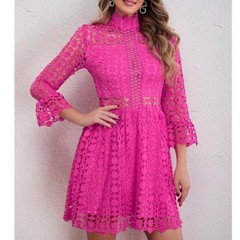 NEW – Elegant Hot Pink Women Stand Collar Flared Sleeve Hollow Lace, Size L
