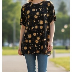 Celestial Sun Moon Zodiac Star Print Black Gold Maxi Shirt Dress Moo Moo XXXL