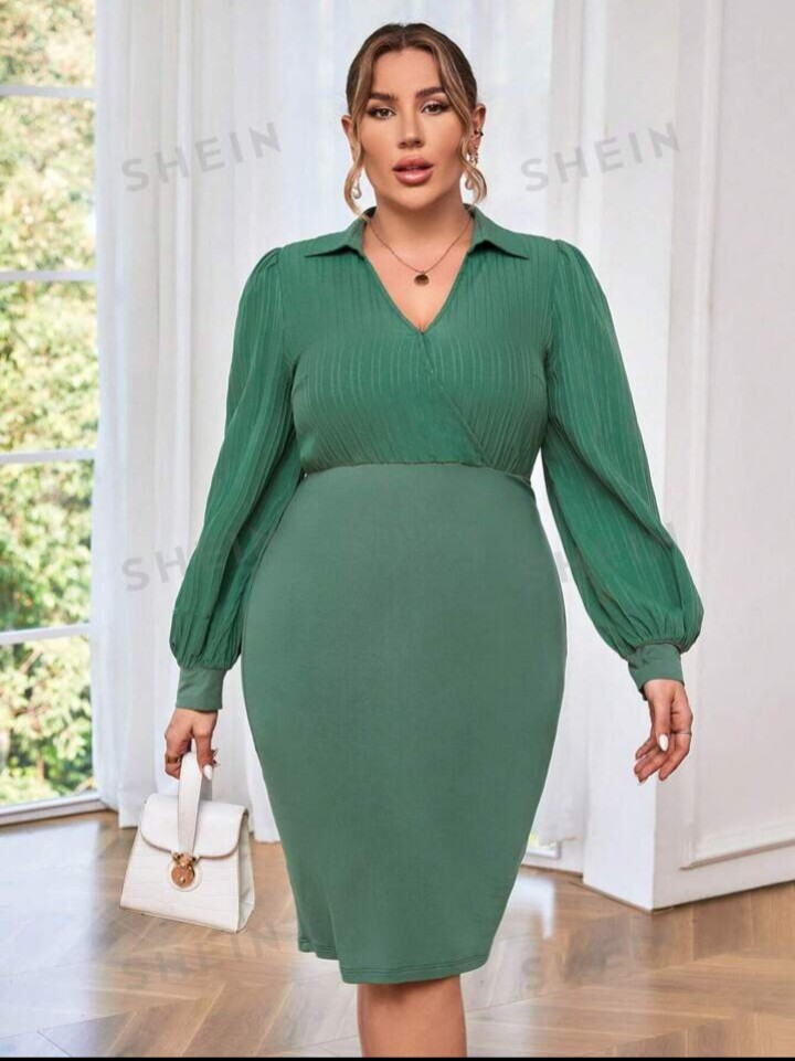 Elegant Two Tone Bottle Green Career Collared Bodycon Dress US Sz 16 (XXL)