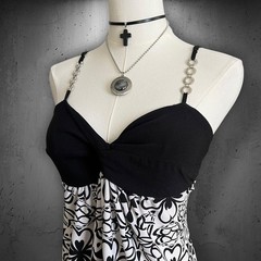 Y2K Hot Tempered Black White Mandala Floral O-Ring Strap Babydoll Midi Dress M