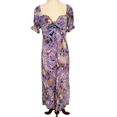 Band of the Free M Midi Dress Purple Floral Tie Front Puff Sleeve Ruffle Cottage