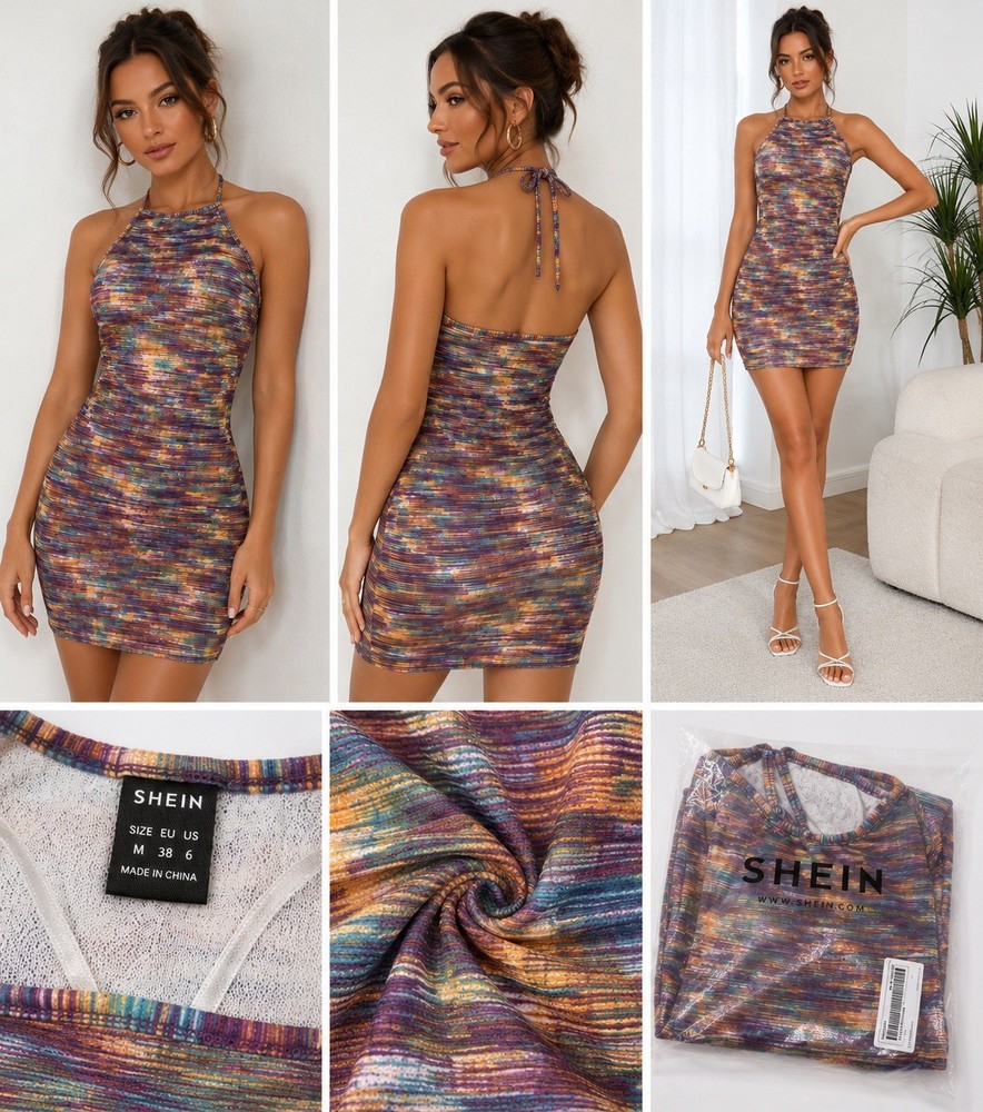 SHEIN Bodycon Halter Abstract Multicolor Lightweight Stretch Mini Dress M