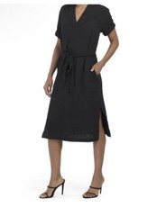 Magaschoni Black Gauze Organic Cotton Midi Shirt Dress Waist Tie V-Neck Size M