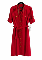 Sharagano Red Shirt Dress Button Front Belted Stretch Size 4 3/4 Sleeve