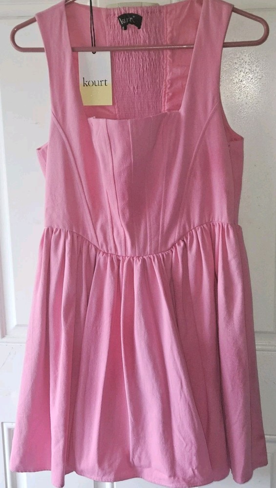 Kourt Pink Denim Corset Pleated Lele Babydoll Fit Flare Mini Dress Size Med NWT