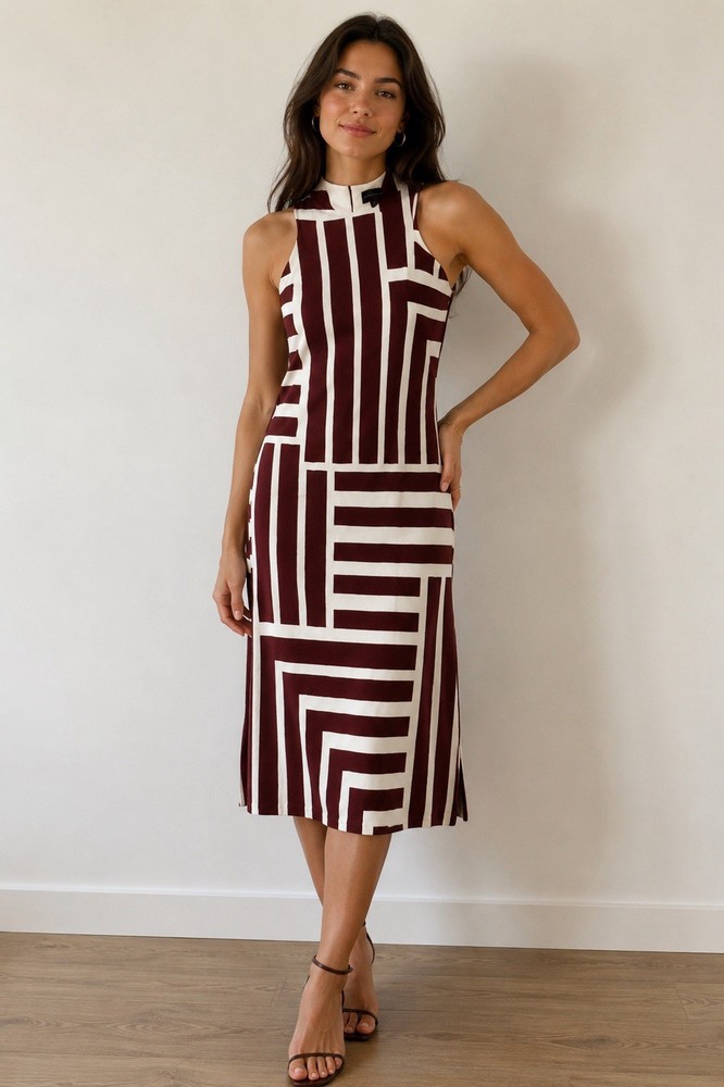 Quincy Midi Shift Dress By Donna Morgan Maxi Sleeveless Cream/Brown size 8