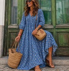 Dolma Blue Ikat Print Cotton Maxi Dress XL Boho Pintuck India Resort Cottagecore