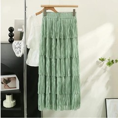 Multifunctional Slimming Tassel Cake Skirt Medium and Long Dress Elastic Waist D