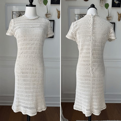 Vintage 60s 70s Natural Crochet Shift Midi Dress Ivory M
