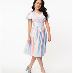 Magnolia Place Pastel Rainbow Dress Flutter Sleeve Fit & Flare | Size Large