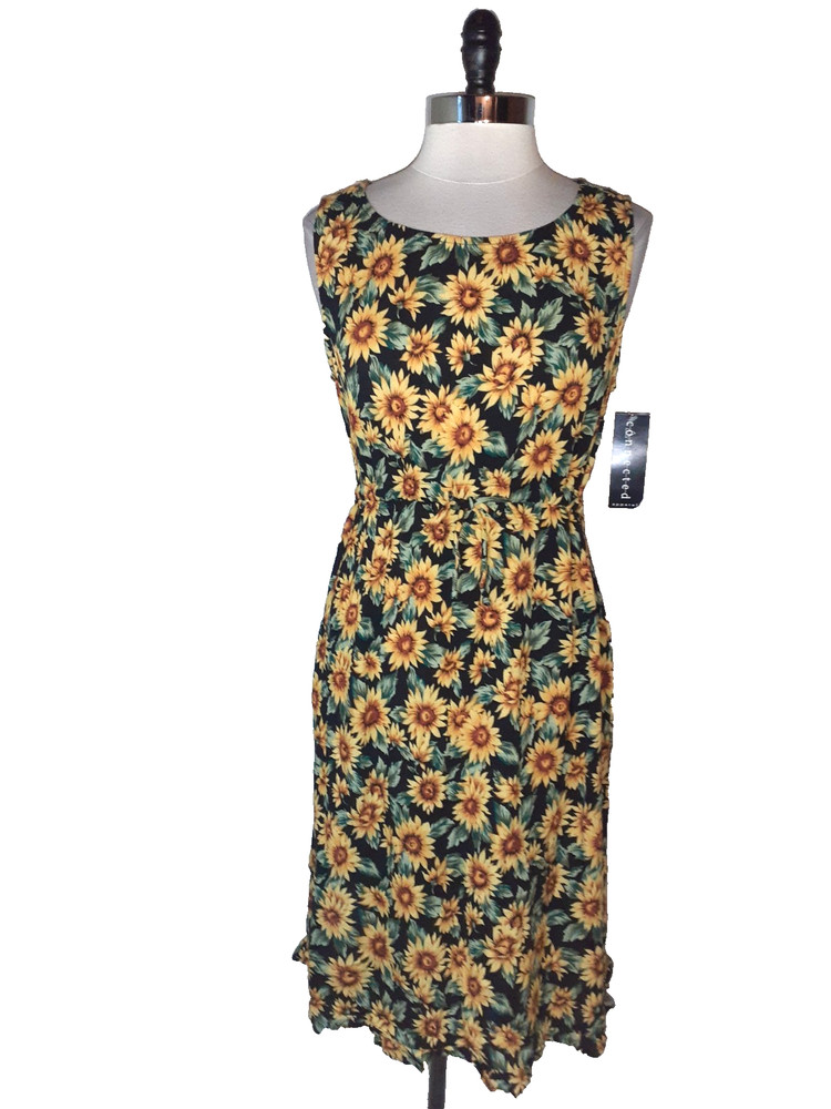 NEW CONNECTED Sz 12 A-Line Dress Black Yellow Sunflowers Sleeveless Knee Length
