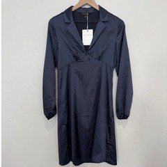 NWT Downeast Alexander Satin Dress Blue Nights Fit and Flare Navy Long Sleeve M
