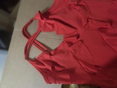 Red Solid Ruffle V-Neck Maxi Dress Size S Stretch Knit Adjustable Straps