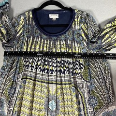 MSSP Max Studio Boho Shift Dress Size M Blue Green Geometric Print Pleated Trim