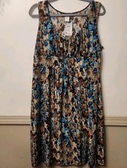 Perseption petite Blue and Brown Printed Sleeveless Dress Petite Xl