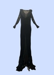 Vintage Black Velvet and Lace Floor-Length Gown with Brooch