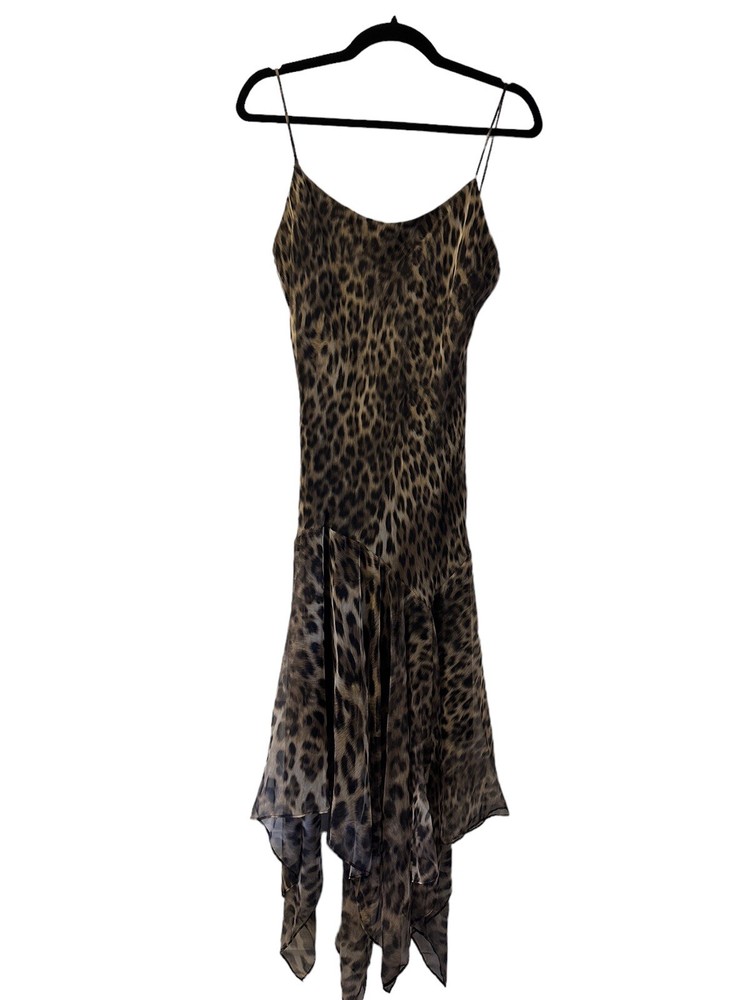 🍒Vintage 90s Morgan & Co Leopard evening prom dress Size 13/14 Asymmetrical