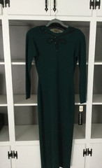 NEW VTG Andrea Jovine Dark Green Sweater Dress 100% Wool Jeweled Low Back XS WOW