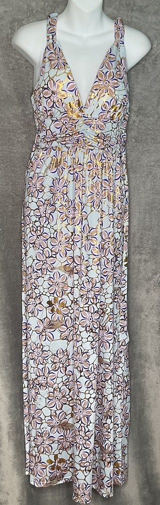 India Boutique OS Maxi Dress Blue Gold Metallic Floral Halter Boho Festival