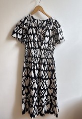 Anthropologie Heart Print Smocked Waist V-Neck Midi Dress, S, Black/White