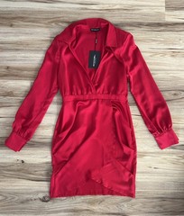 Pretty Little Thing Satin Plunge Neck Shoulder Pad Wrap Dress, Size 8