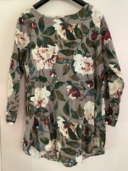 Cellabie Linen XL Floral Tunic Top Short Dress Tan Beige Brown White Green Red