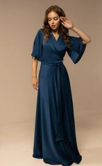 navy blue satin silk wrape maxi dress for women flared sleeve v neckline