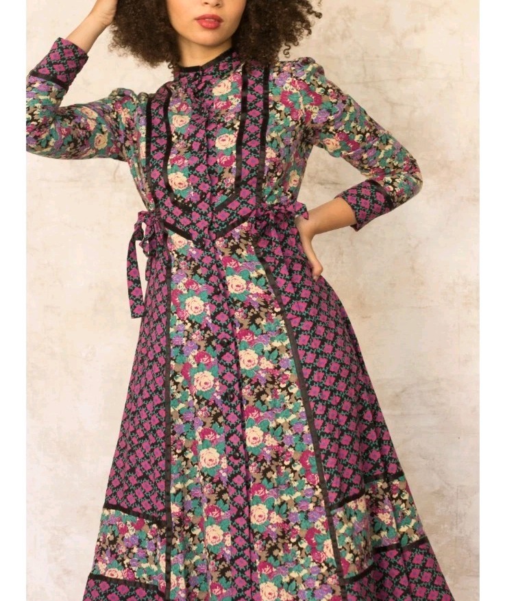 VTG Womens Ragtime Peasant Prairie Boho Midi Dress Floral Patchwork 70’s S FLAW