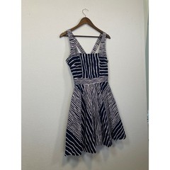 Eva Mendes New York Company Navy Pink Stripe Fit Flare Dress Size 10
