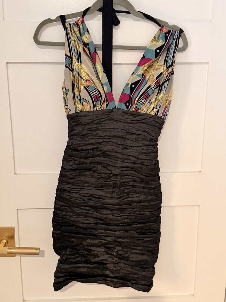 Black Multicolor Abstract Ruched Sleeveless V-Neck Tie Bodycon Short Dress