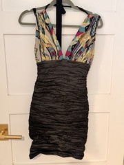 Black Multicolor Abstract Ruched Sleeveless V-Neck Tie Bodycon Short Dress