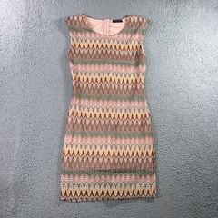 Mini Sheath Dress L Pink Green Chevron Sleeveless Zigzag Boho Retro Mod Cocktail