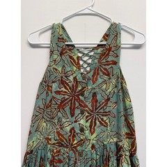 Batik Floral Midi Dress Lace Up Back Bubble Hem Teal Brown Women