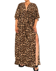 BOOHOO Leopard Print BATWING MAXI DRESS Black/Brown V-NECK SIDE SLIT sz US-18