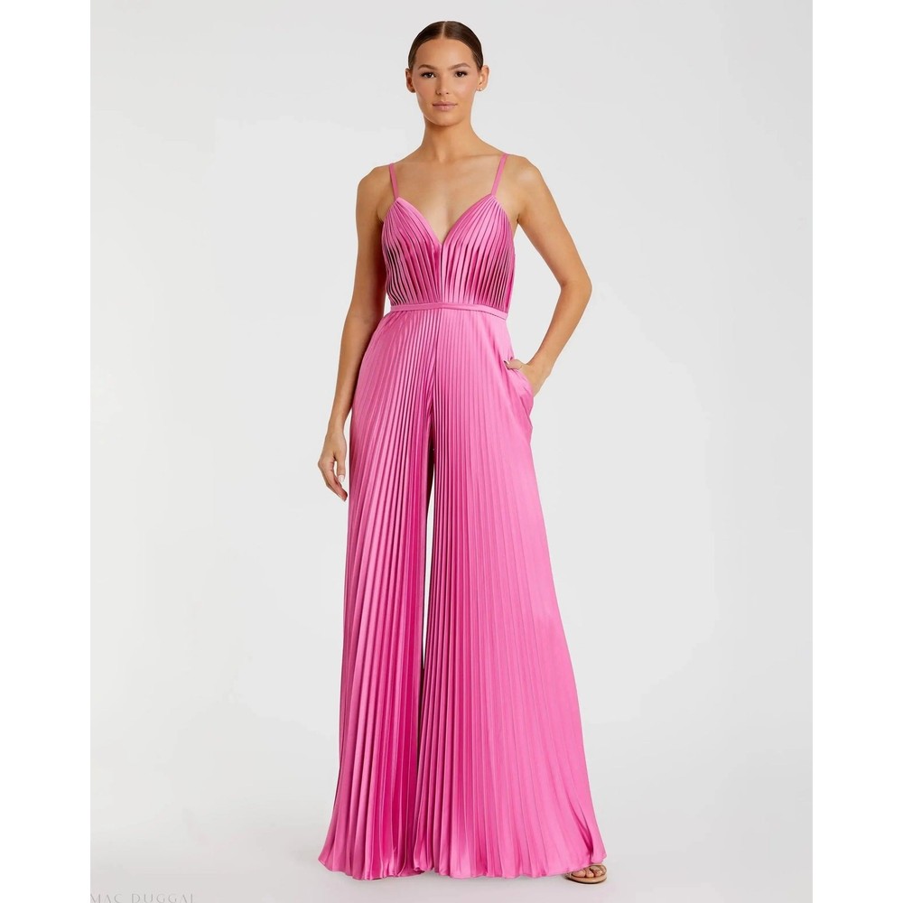 Ieena for Mac Duggal Pink Pleated Plunge Neck Wide Leg Jumpsuit Size 10