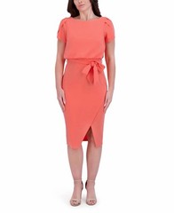 Kensie Women&rsquo;s Cinched Tulip-Sleeve Tie-Waist Sheath Dress Coral Pink 16