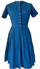 60s 70s Handmade Pleated A-Line Dress Sz 6 Teal Blue Black Trim Buttons Classic