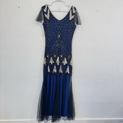 Retro Stage Beaded Gown Womens Large Blue Black Fit Flare Sequined Formal Prom