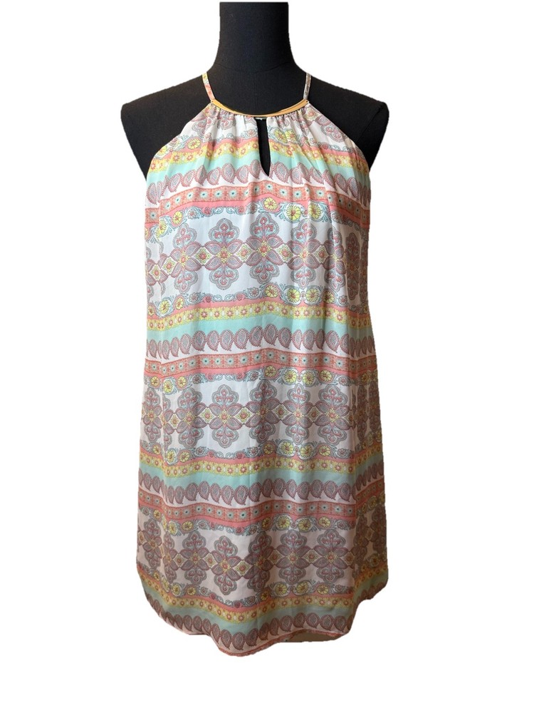 As U Wish Women&rsquo;s Multicolored Halter Dress, Front/Back Keyhole, Lined, Small
