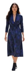 Connected Apparal Low Cut Midi Stretch Dress 3/4-Sleeve Purple Blue Black 12 NWT