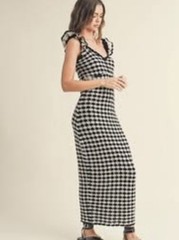 Miou Muse Crochet Checkered Knit Ruffle Strap Midi Dress Brown Beige Fall