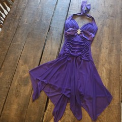 Deb Y2K Purple Halter Dress w/ Ruched Detailing Early 2000s Hankerchief Hem Gown